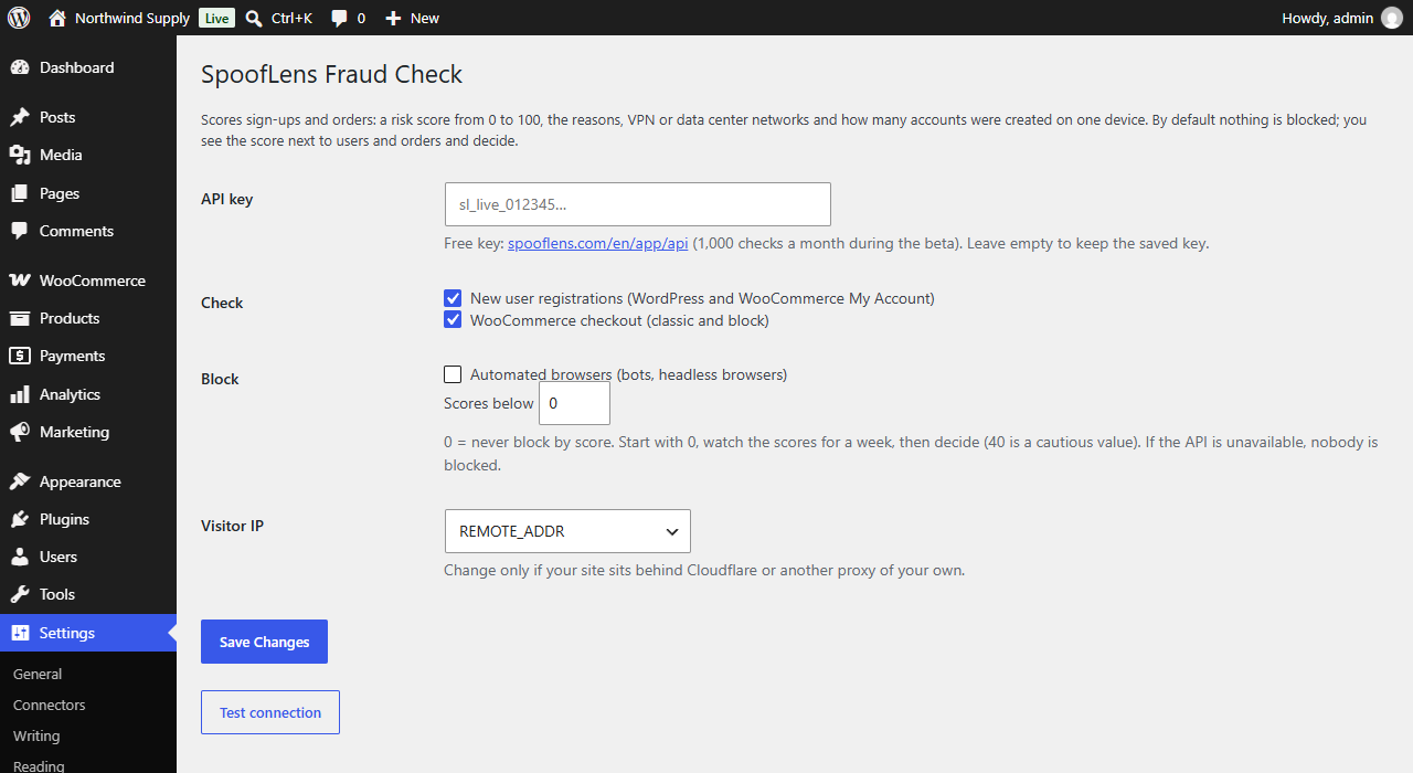 Settings: the API key, what to check and optional blocking.