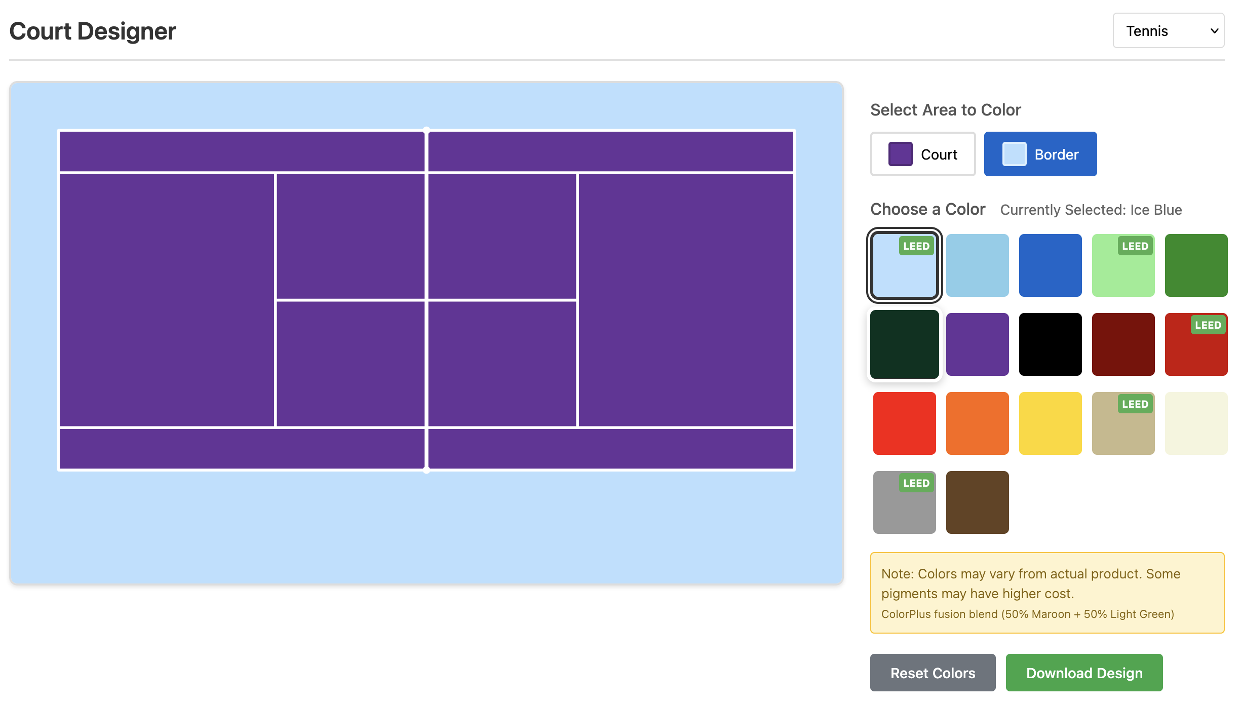Tennis court designer with color selection interface