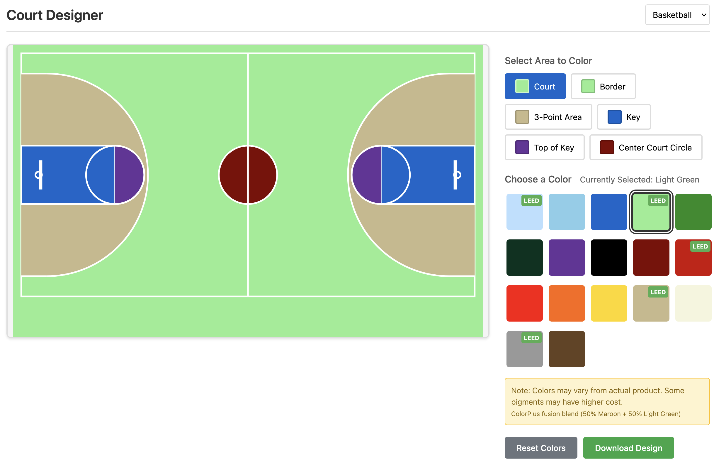 Basketball court showing multiple customizable areas with color indicators