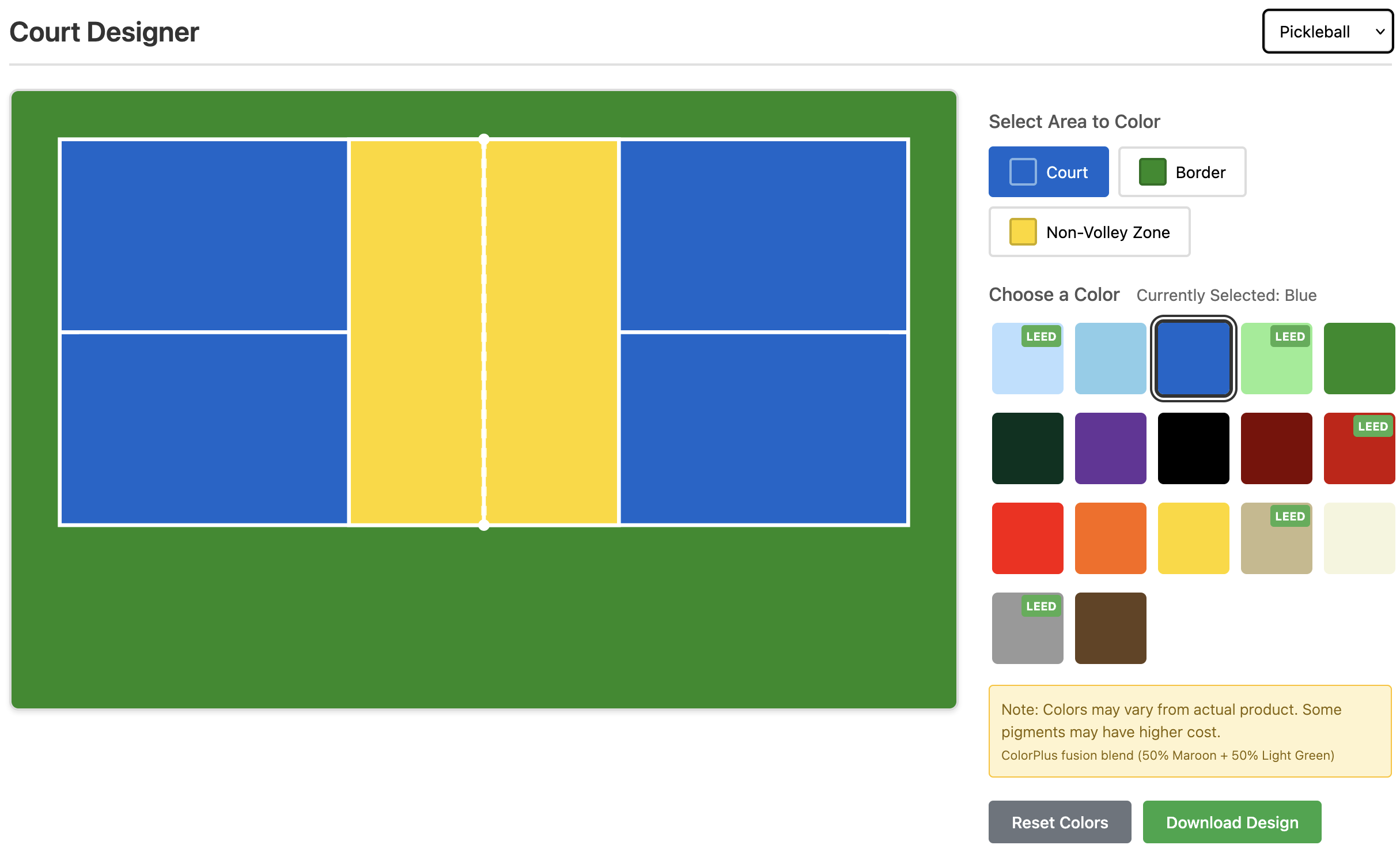 Pickleball court designer with color customization options