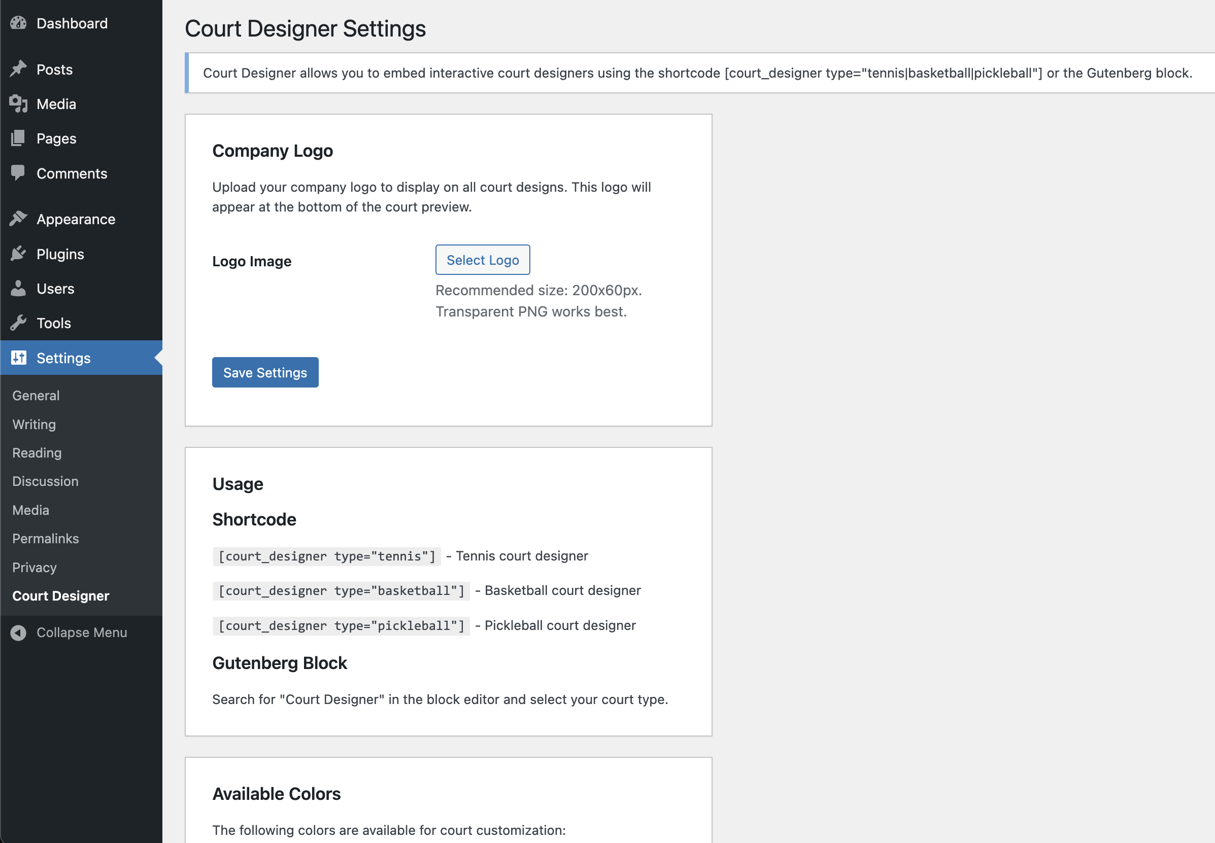 Admin settings page for company logo upload
