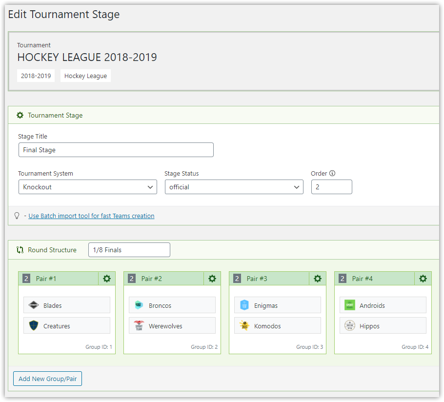 Tournament edit page