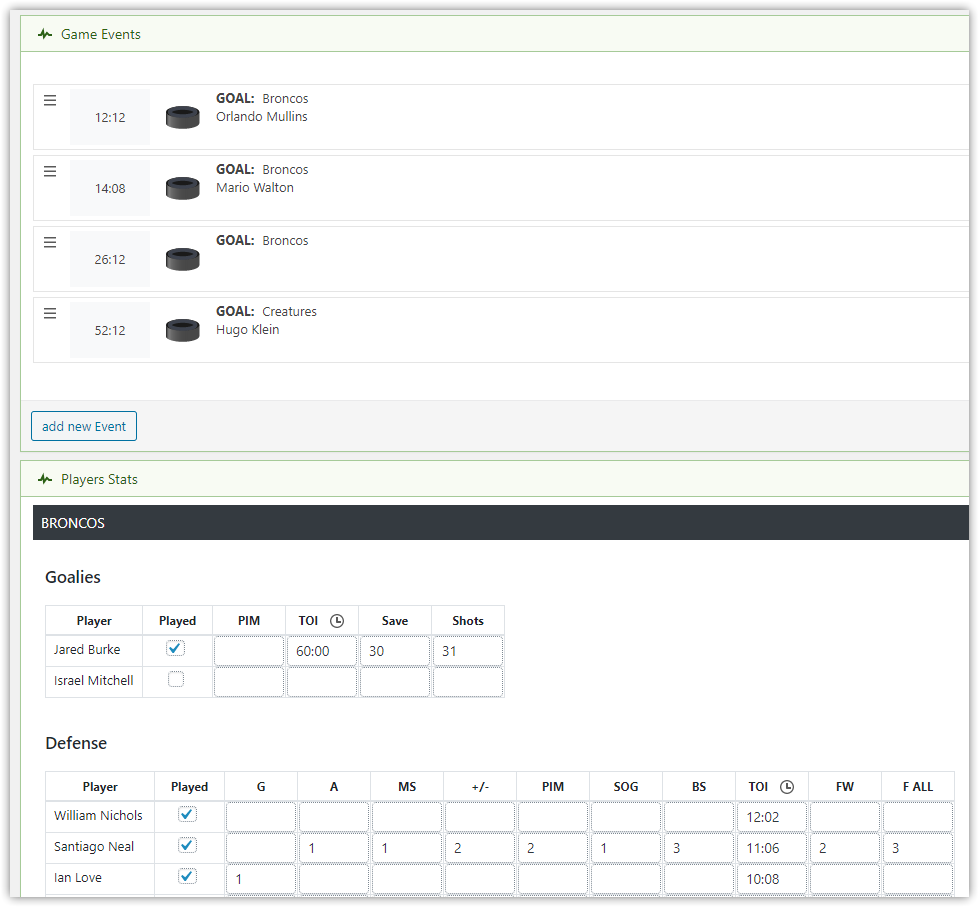 Game edit page - Events and Players Stats