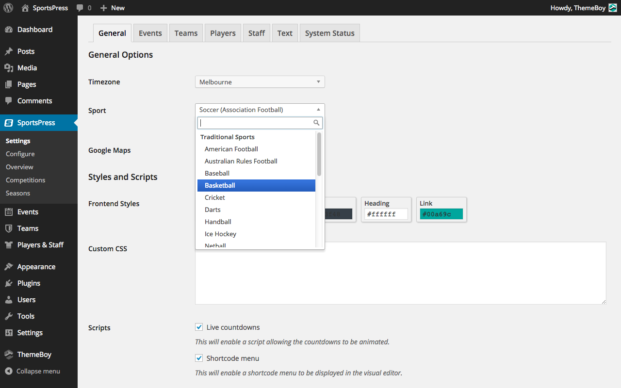 Select your sport to automatically install presets and sample data.