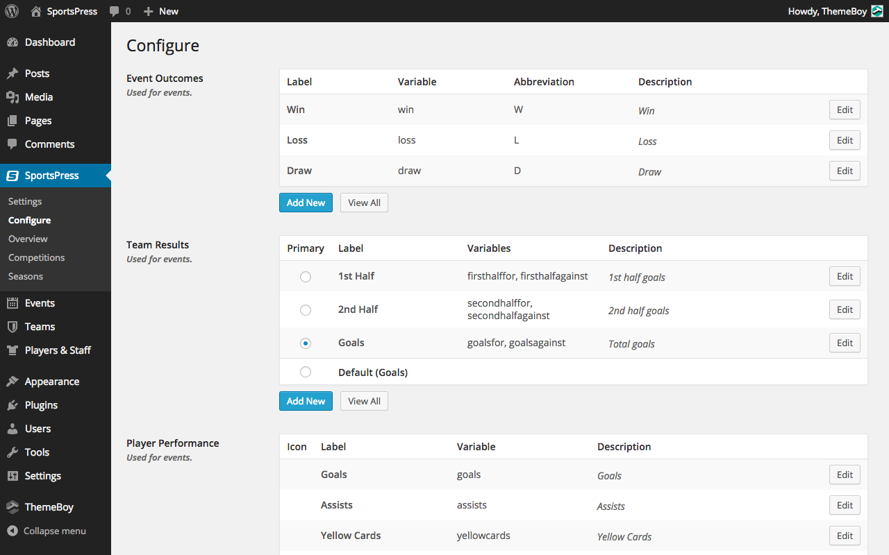 Configure variáveis usadas através do plugin para encaixar seu esporte. Predefinições são fornecidas para alguns esportes, e irá popular automaticamente estas opções.