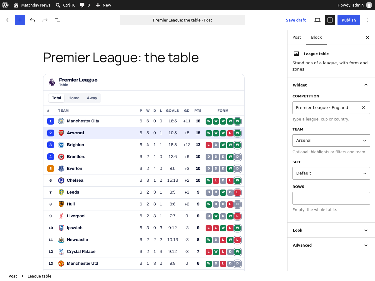 The block editor: search a competition, see the real widget.