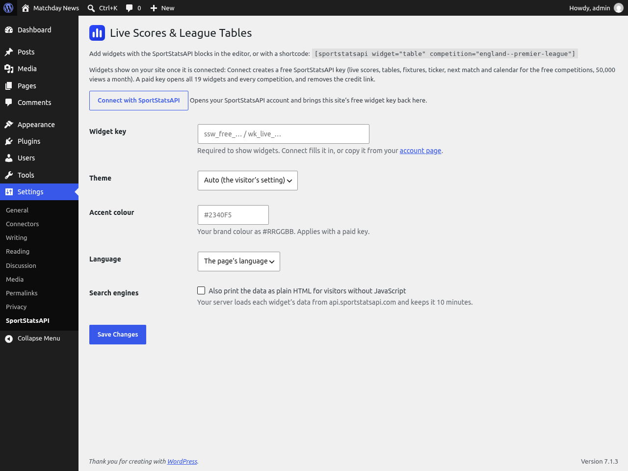 Settings → SportStatsAPI with Connect.