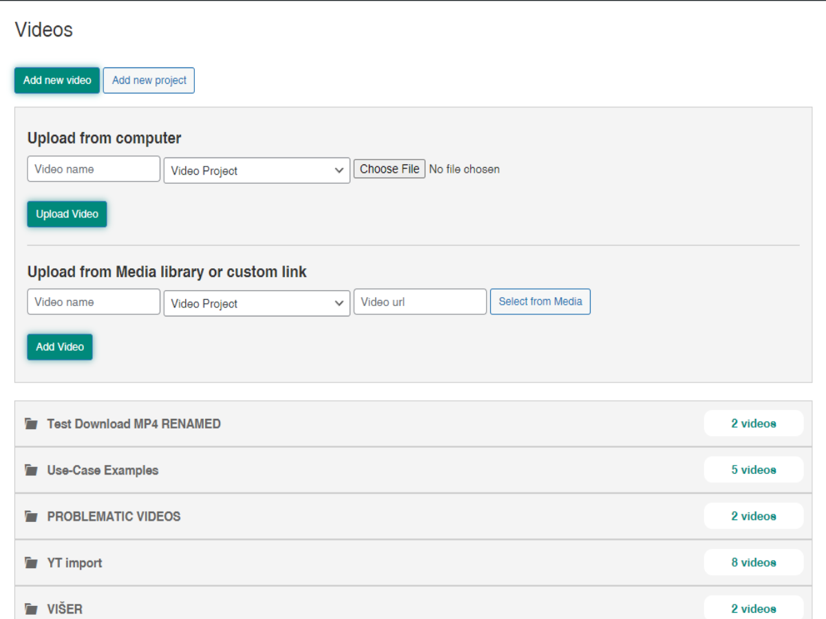You may upload new videos via the plugin from your computer, using external links, or from your media library