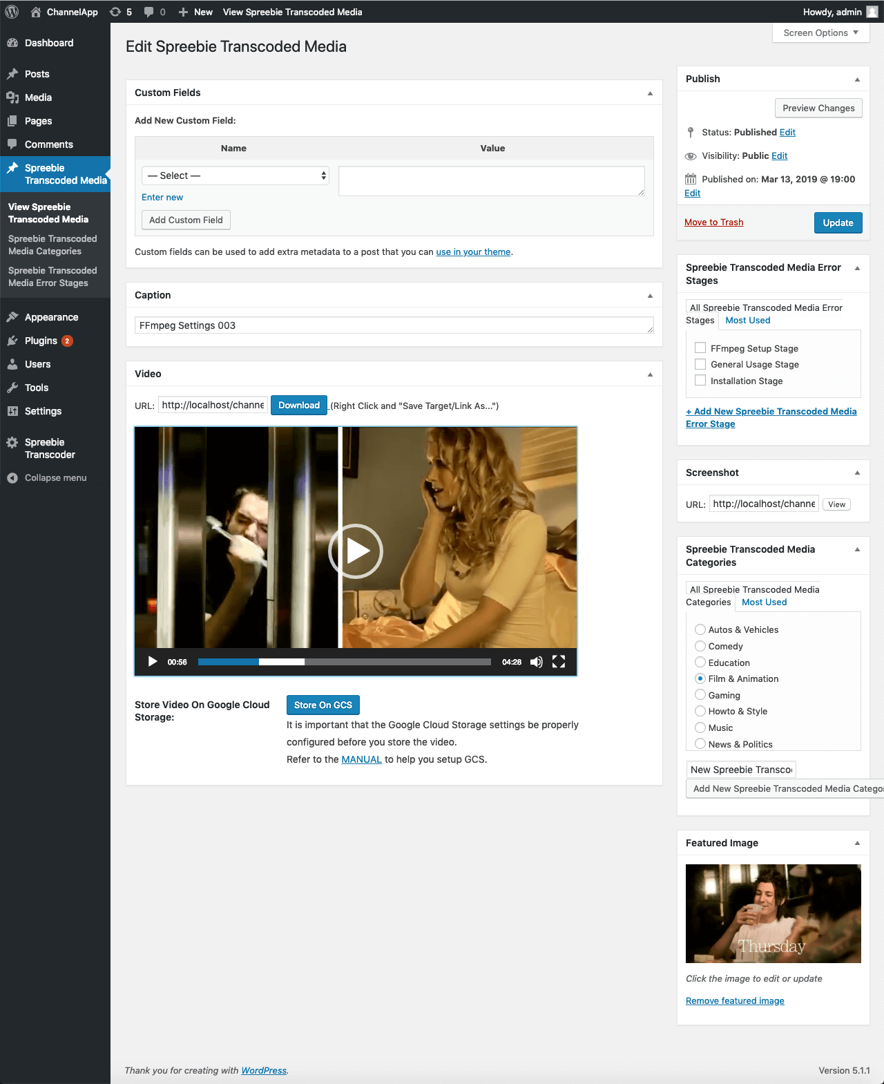 The transcoded Spreebie Transcoder Media video with a button to store it on Google Cloud Storage.