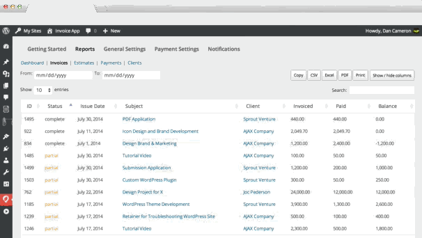 Dynamic reports allow for date filtering, sorting, search, and exporting.