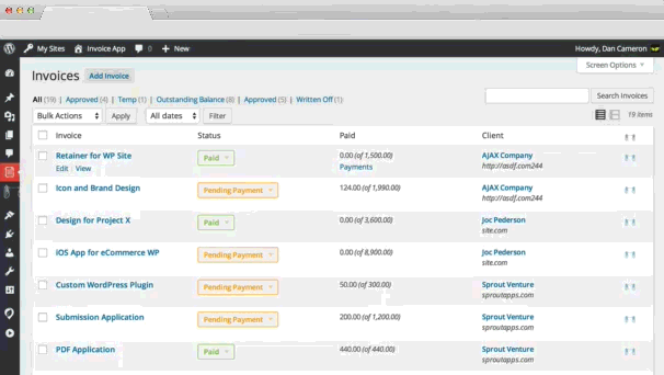 Common management tasks are sped up by Sprout Invoices utilization of AJAX.