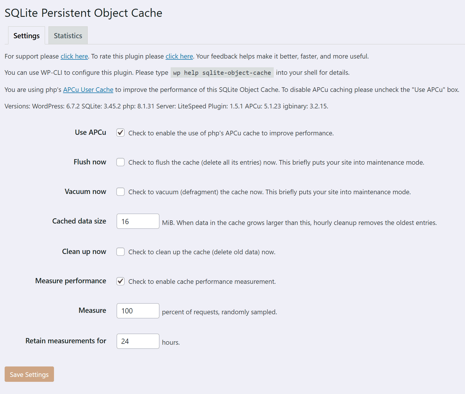 Settings panel. Access it with Settings > Object Cache.