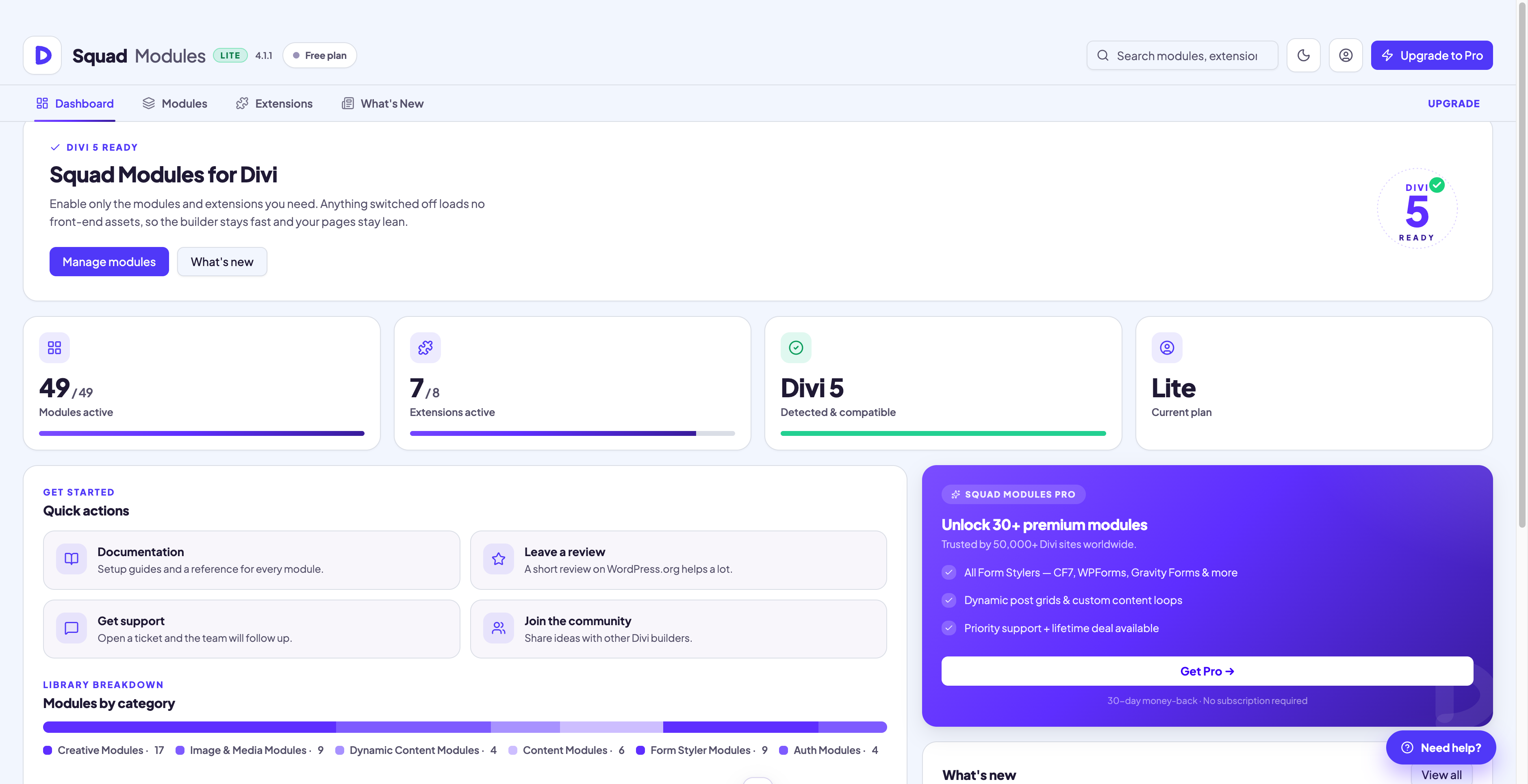 Dashboard — Divi 5 Ready badge, live stats (54 modules, 8 extensions, Divi 5 detected), quick actions, module library breakdown, and What's New feed.