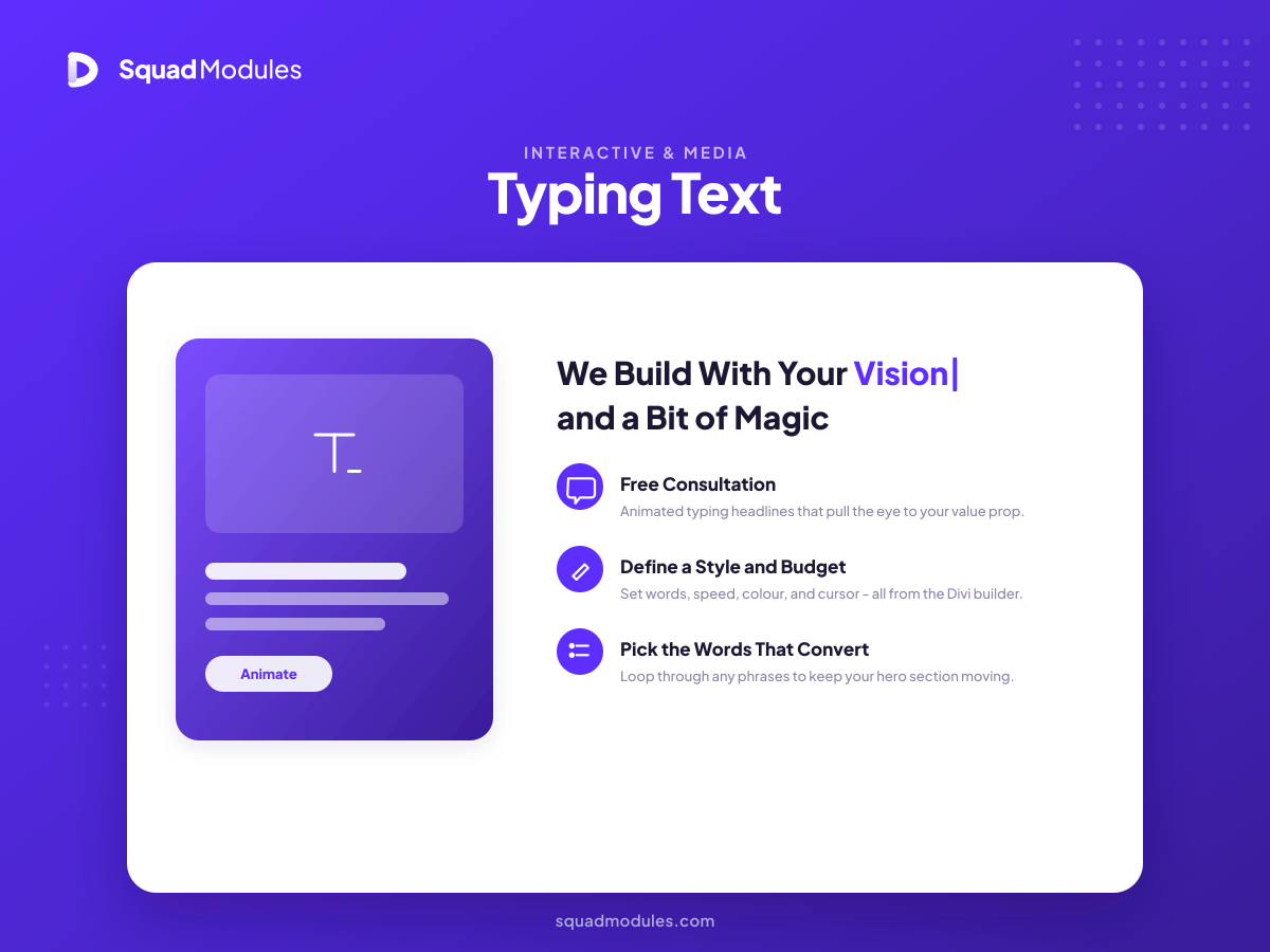 Typing Text Module - Animated typing headlines with configurable words, speed, color, and cursor to grab attention.