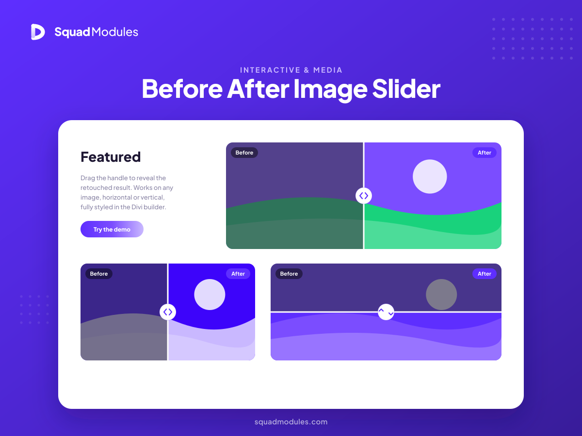 Before After Image Slider Module - Build interactive horizontal or vertical image comparisons, fully styled in the Divi builder.