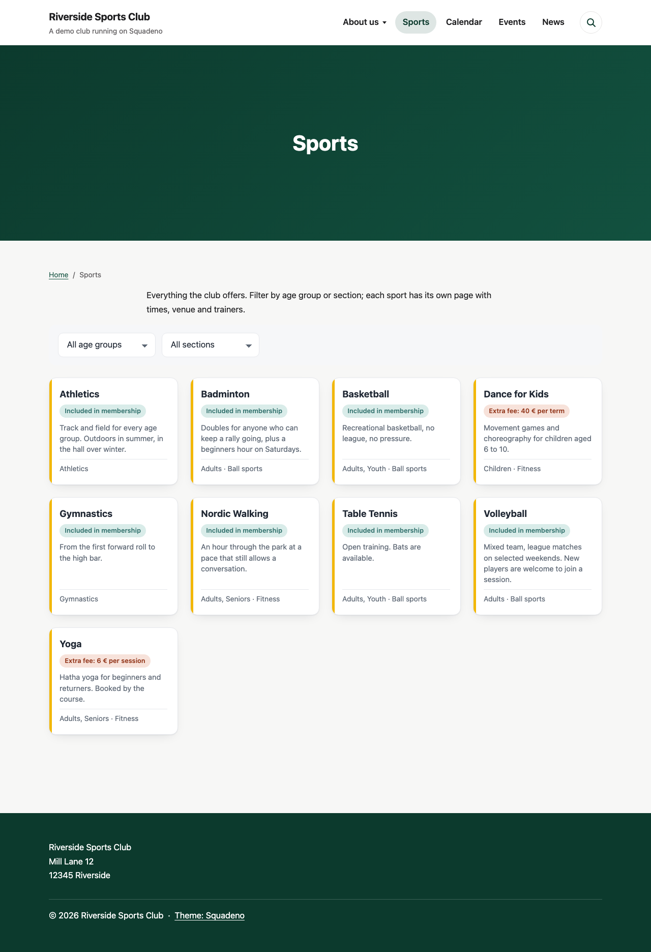 All sports at a glance on the website, with filters for age group and section.