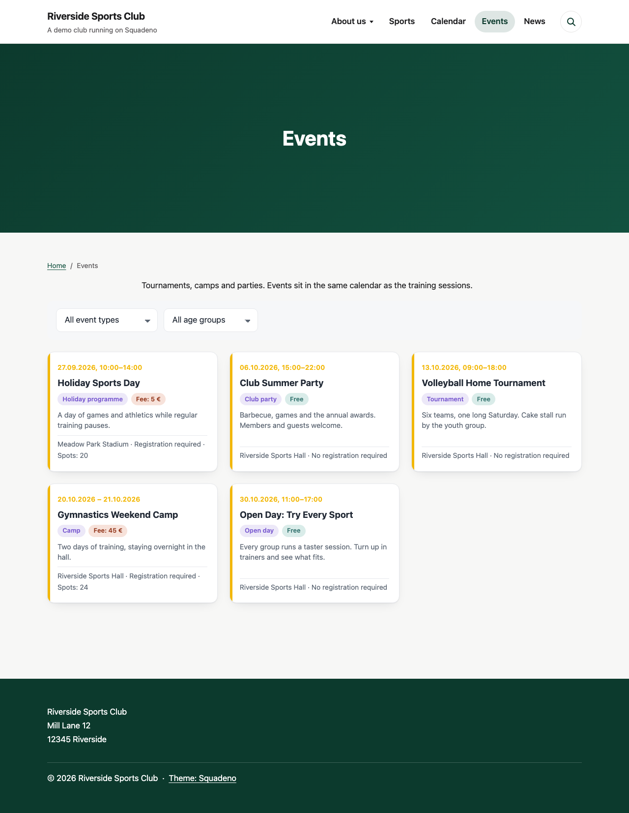 The events of the club on a page of their own, with the date above each one and filters for event type and age group.