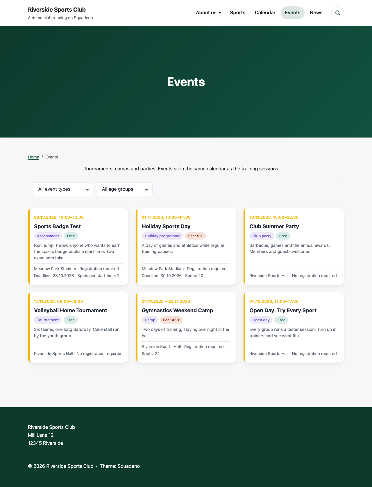 The events of the club on a page of their own, with the date above each one and filters for event type and age group.