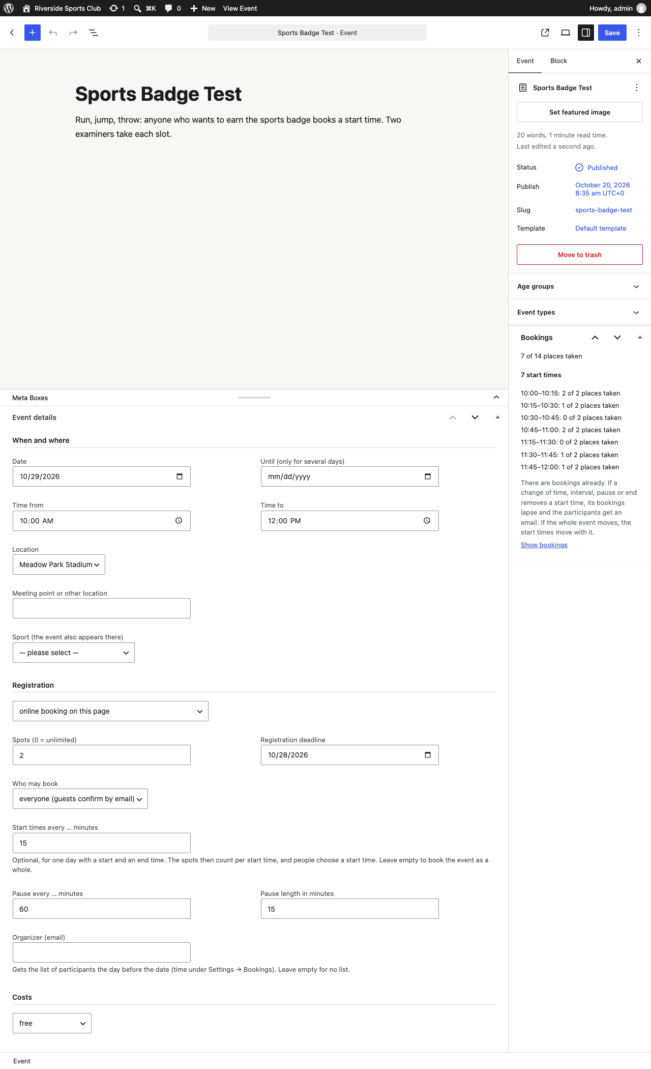 Setting up an event: three sections, one switch for online booking, and start times every 15 minutes with a pause every hour. The box on the right shows each start time and how full it is.