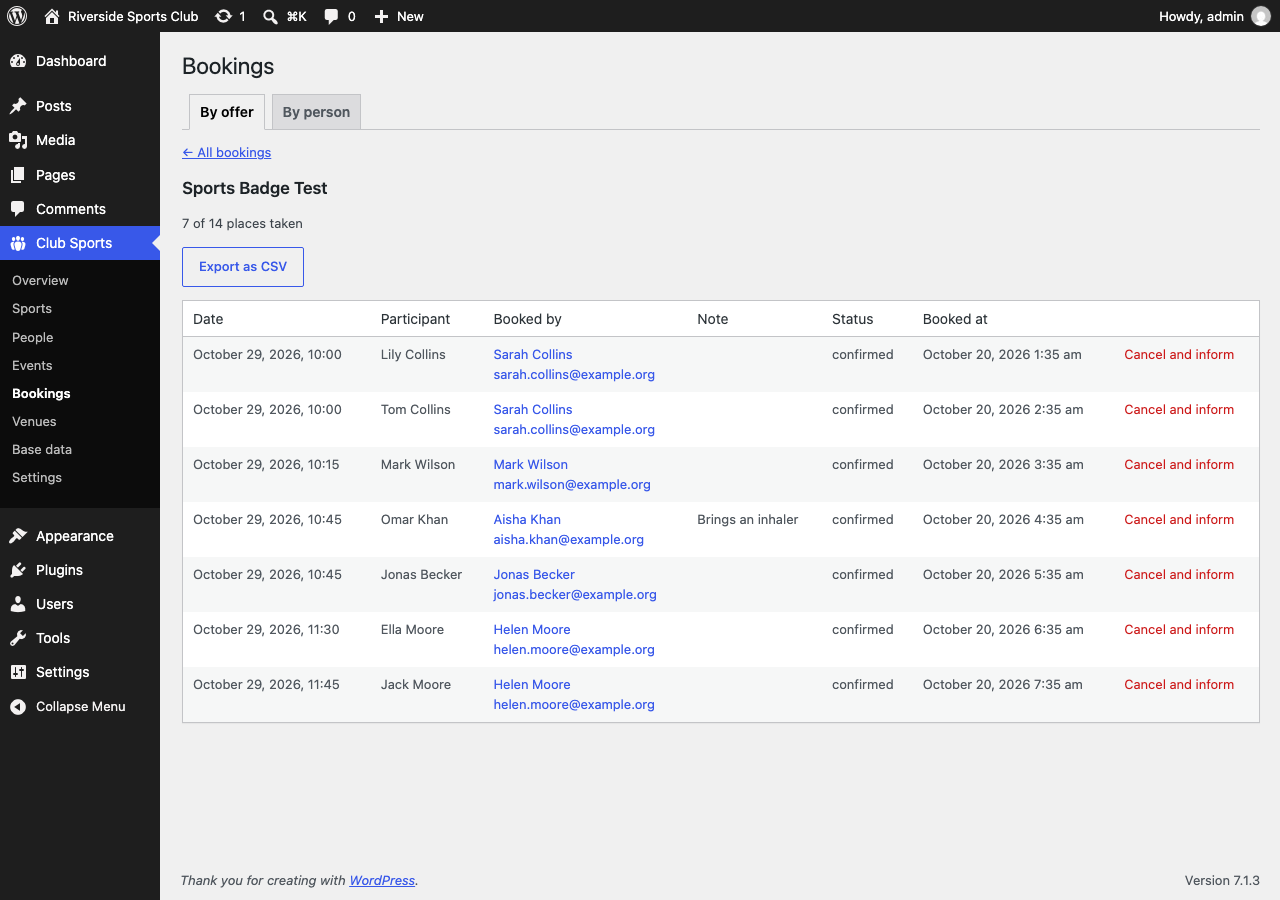 The bookings of an event with start time, participant and note, plus cancellation and CSV export.