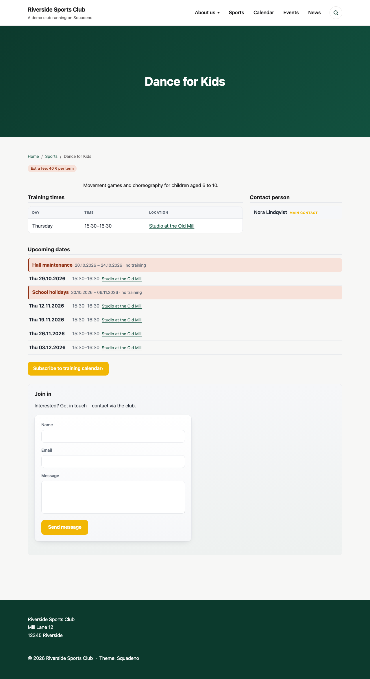 A sport's own page: training times, contacts and the automatically generated upcoming dates – holidays are blocked automatically.