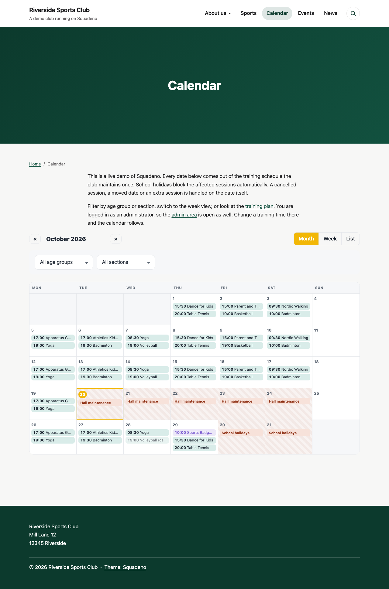 The club-wide calendar (month or week view) with trainings, events and closures. School holidays block the affected sessions, a cancelled one stays visible and struck through.
