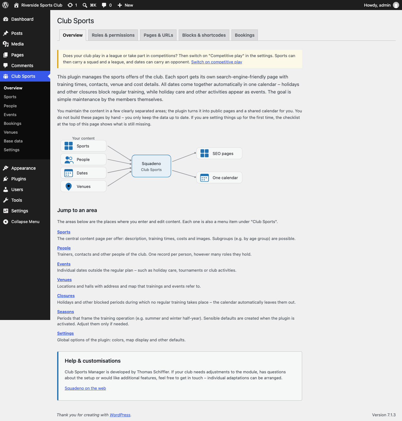 The admin overview introduces new users to the plugin and where to maintain content.