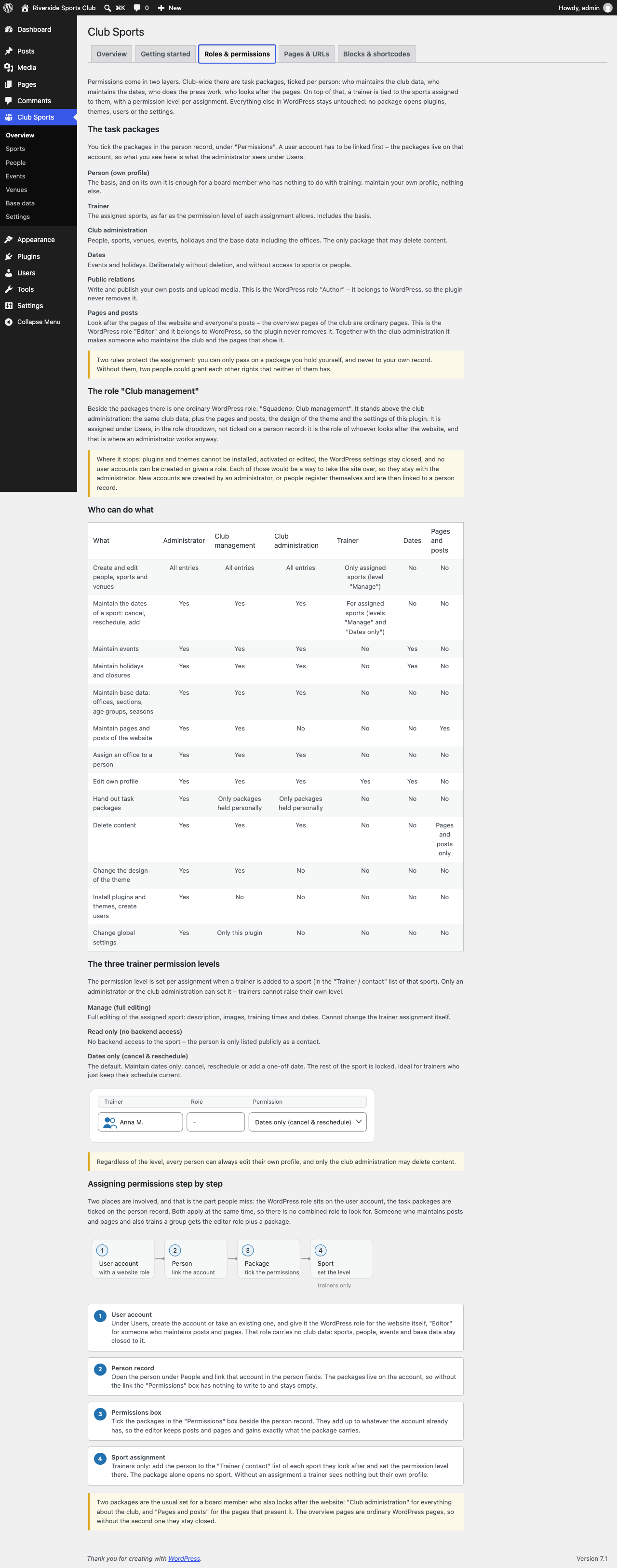 Permissions in two layers: six task packages ticked per person and a permission level per sport for trainers, plus the role "Club management" for whoever looks after the website.
