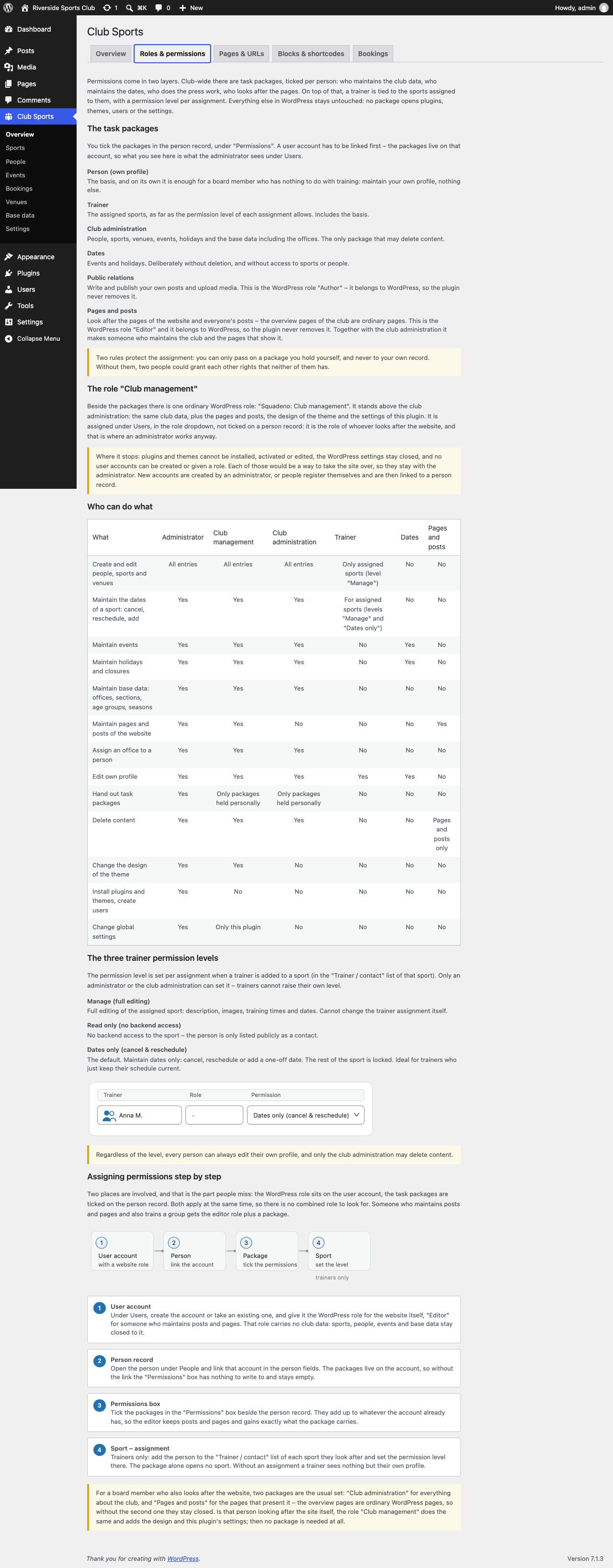 Permissions in two layers: six task packages ticked per person and a permission level per sport for trainers, plus the role "Club management" for whoever looks after the website.