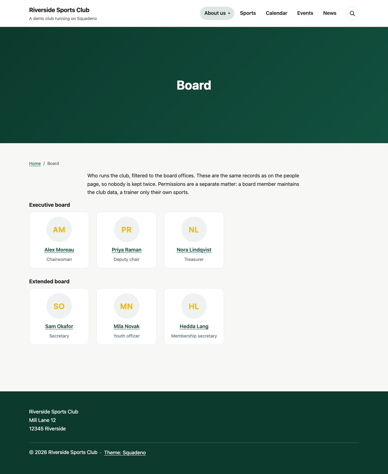 The board as its own page, filtered to the board offices and grouped by committee. These are the same records as the trainers, so nobody is kept twice.