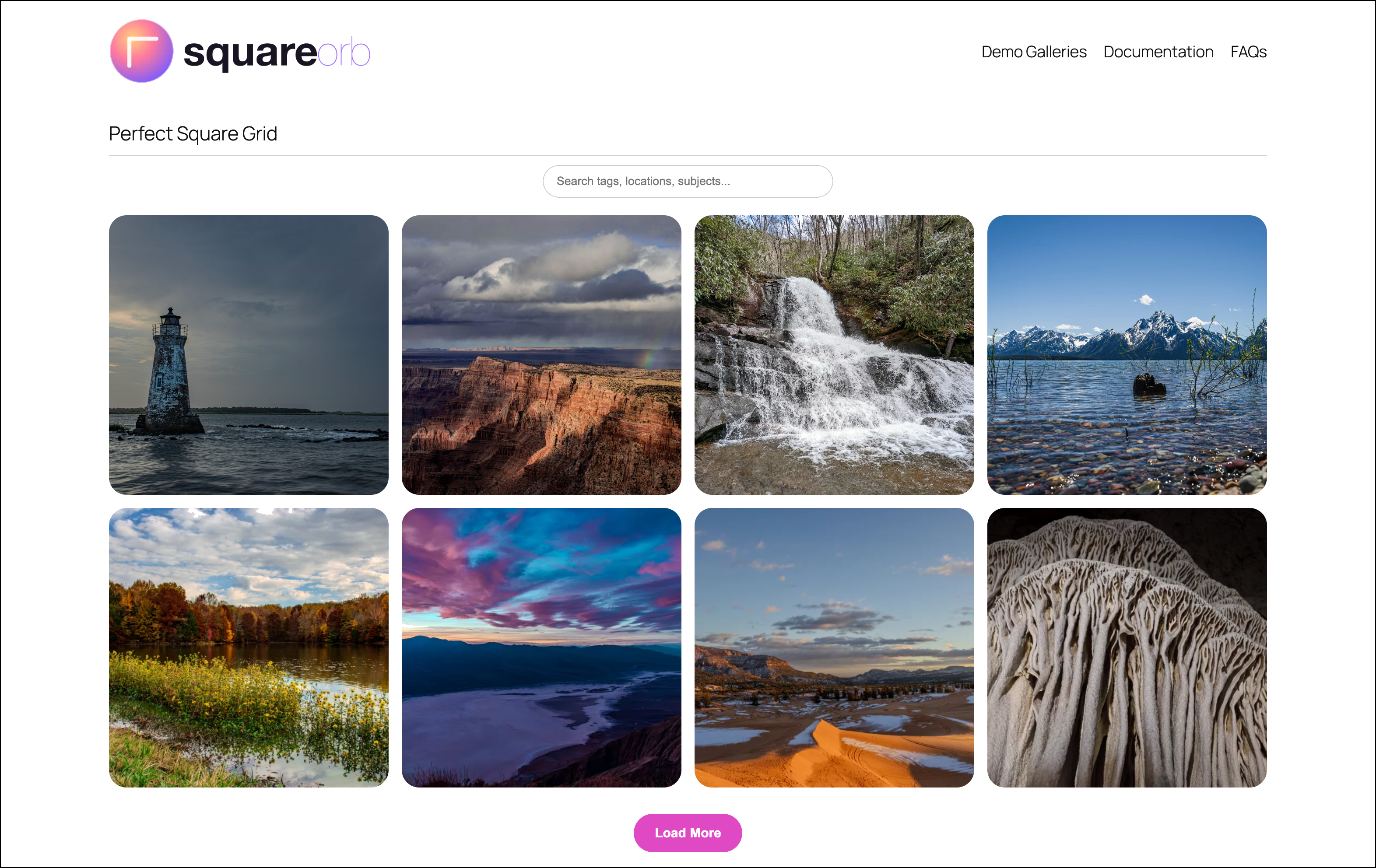 Gallery Grid layout with smart search and category filters.