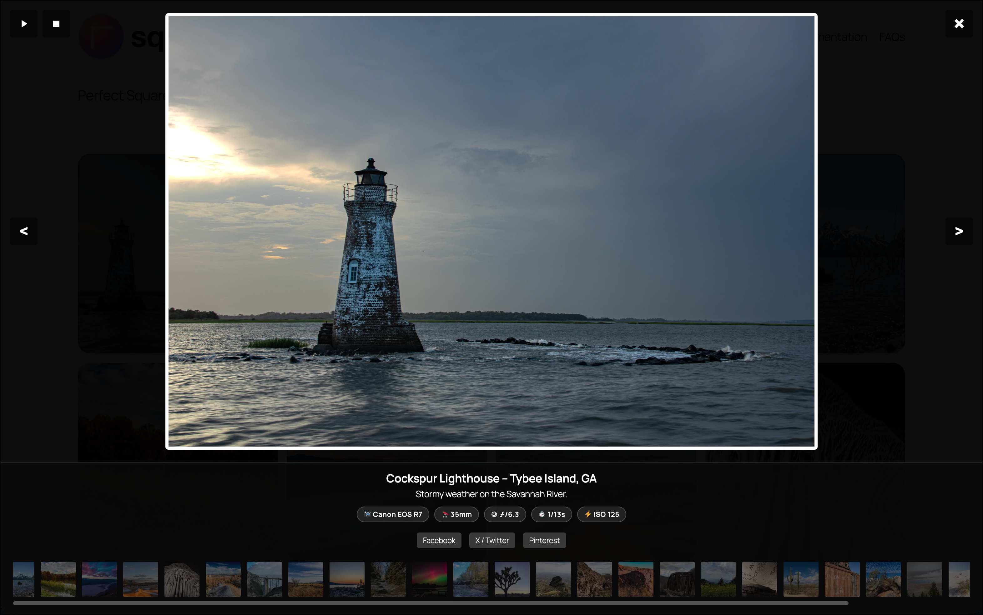 Full-screen Lightbox with filmstrip, EXIF data, and social sharing.