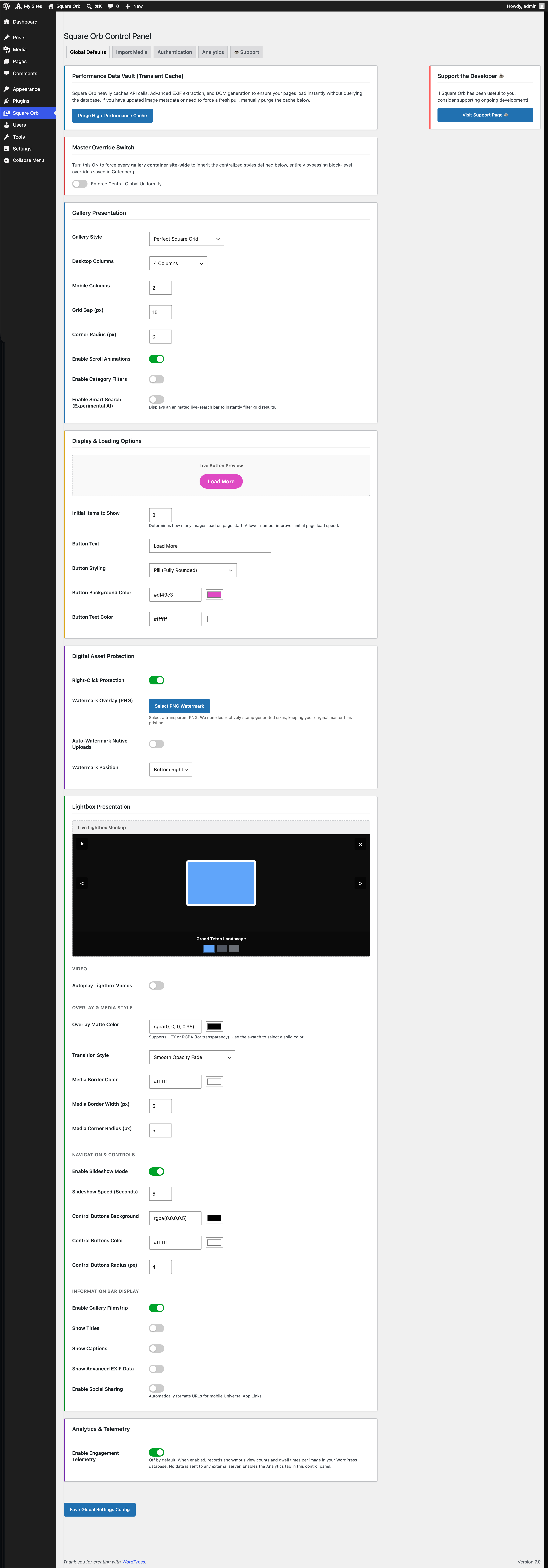 Global Defaults settings panel.