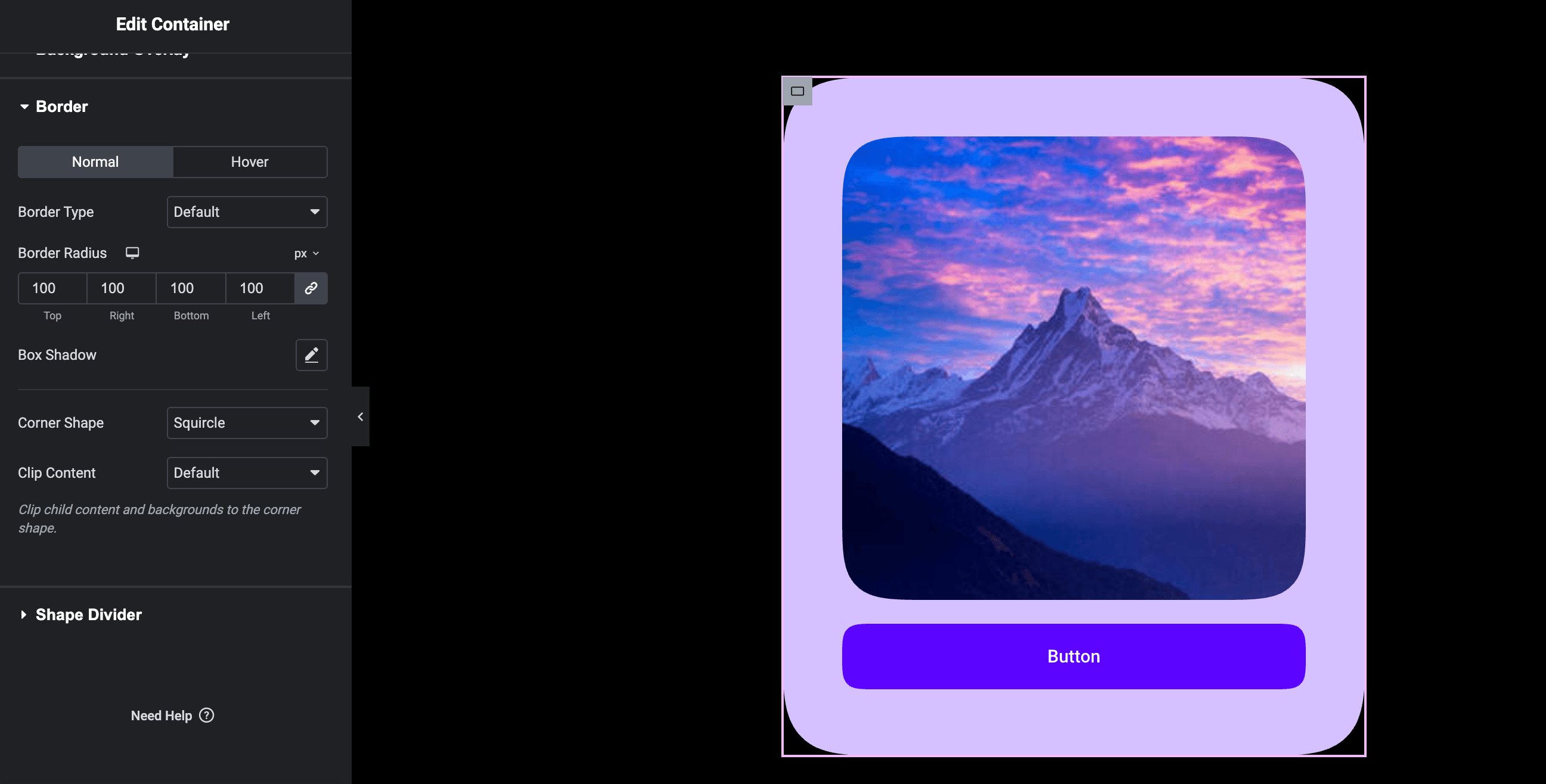 The Corner Shape control seamlessly integrated into Elementor's Border section.