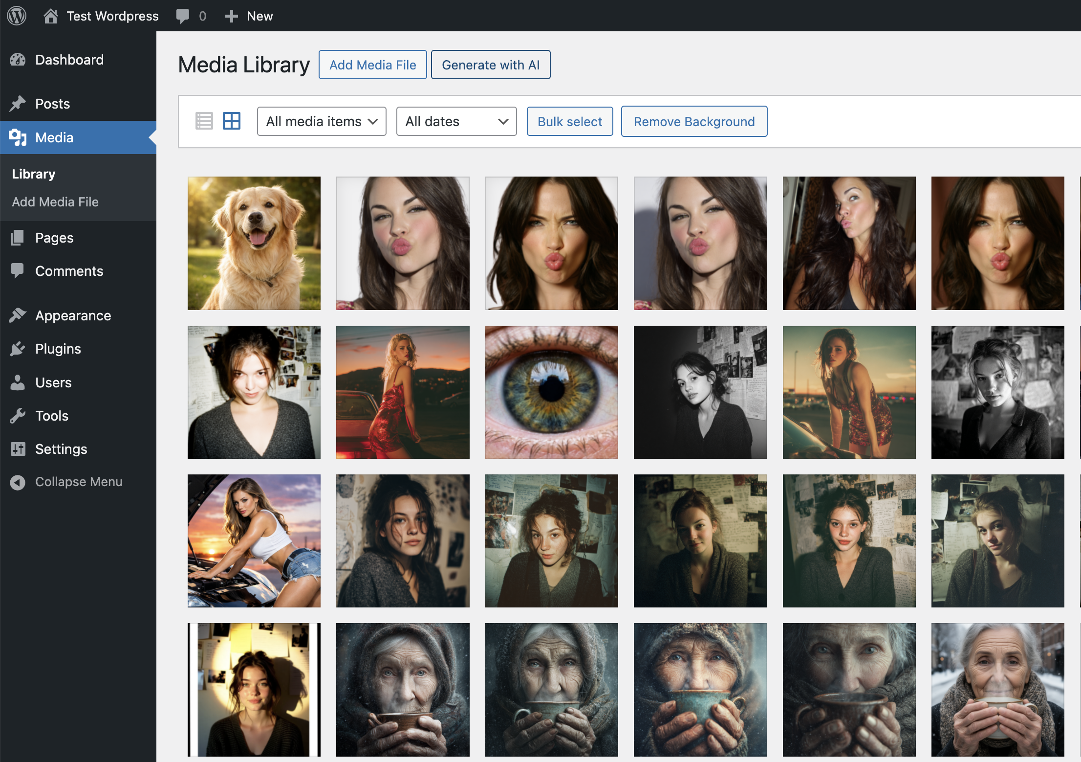 Media Library page showing "Generate with AI" and "Remove Background" buttons with AI-generated images