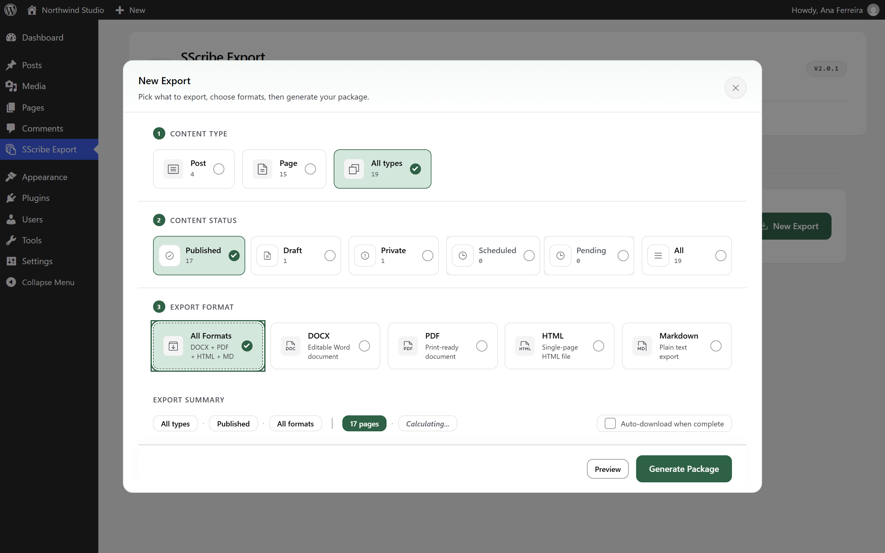 Choose the content type, status, and formats in one export dialog.
