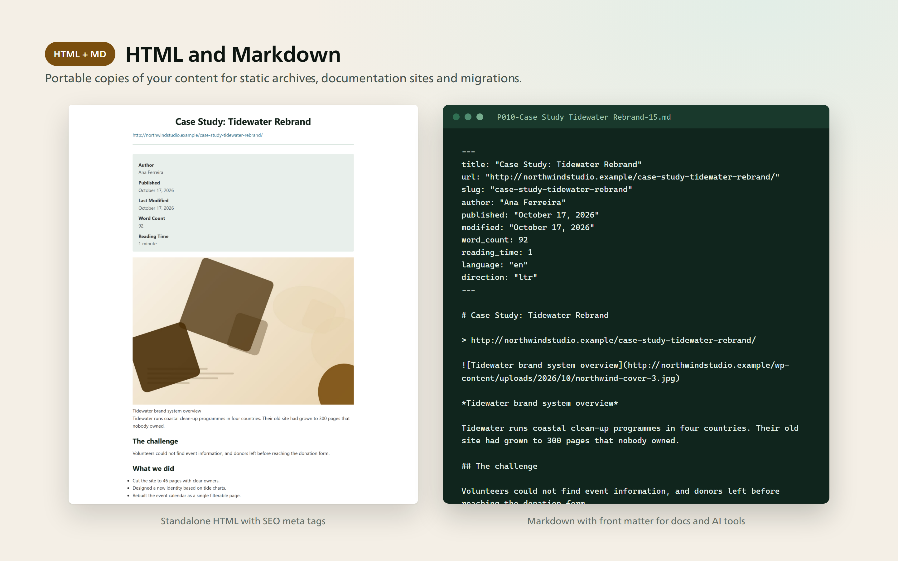 HTML and Markdown output.