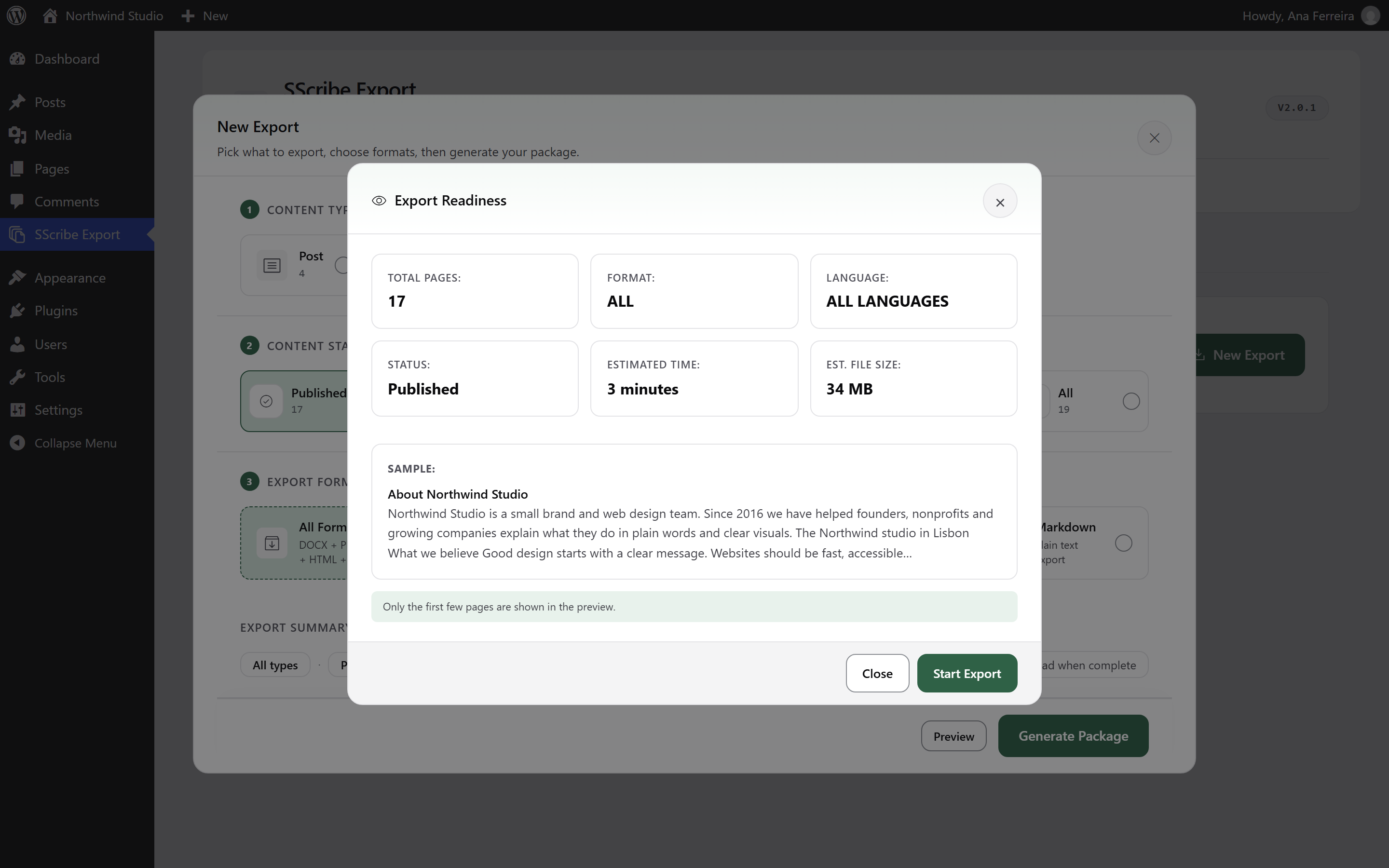 Check the page count, estimated time, and file size before you export.