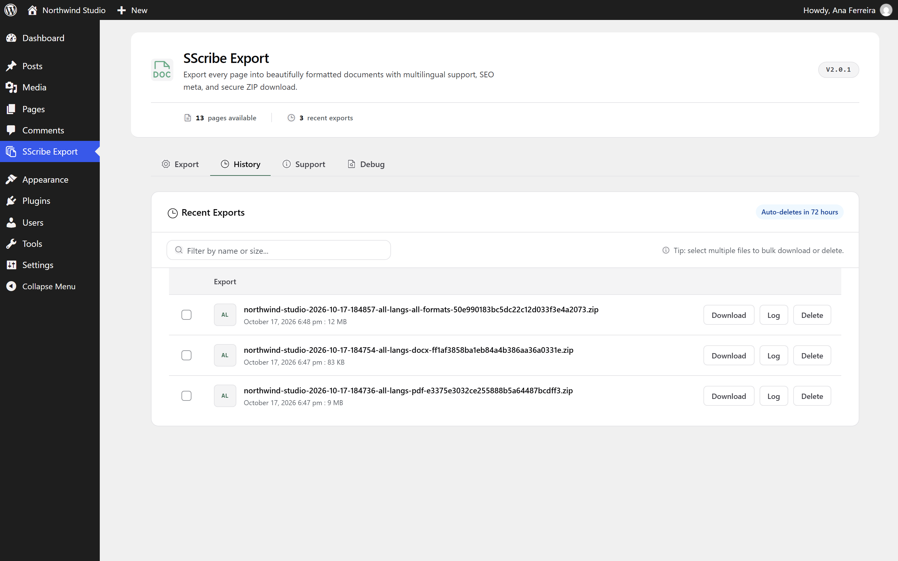 Export history with download, log, and bulk actions.
