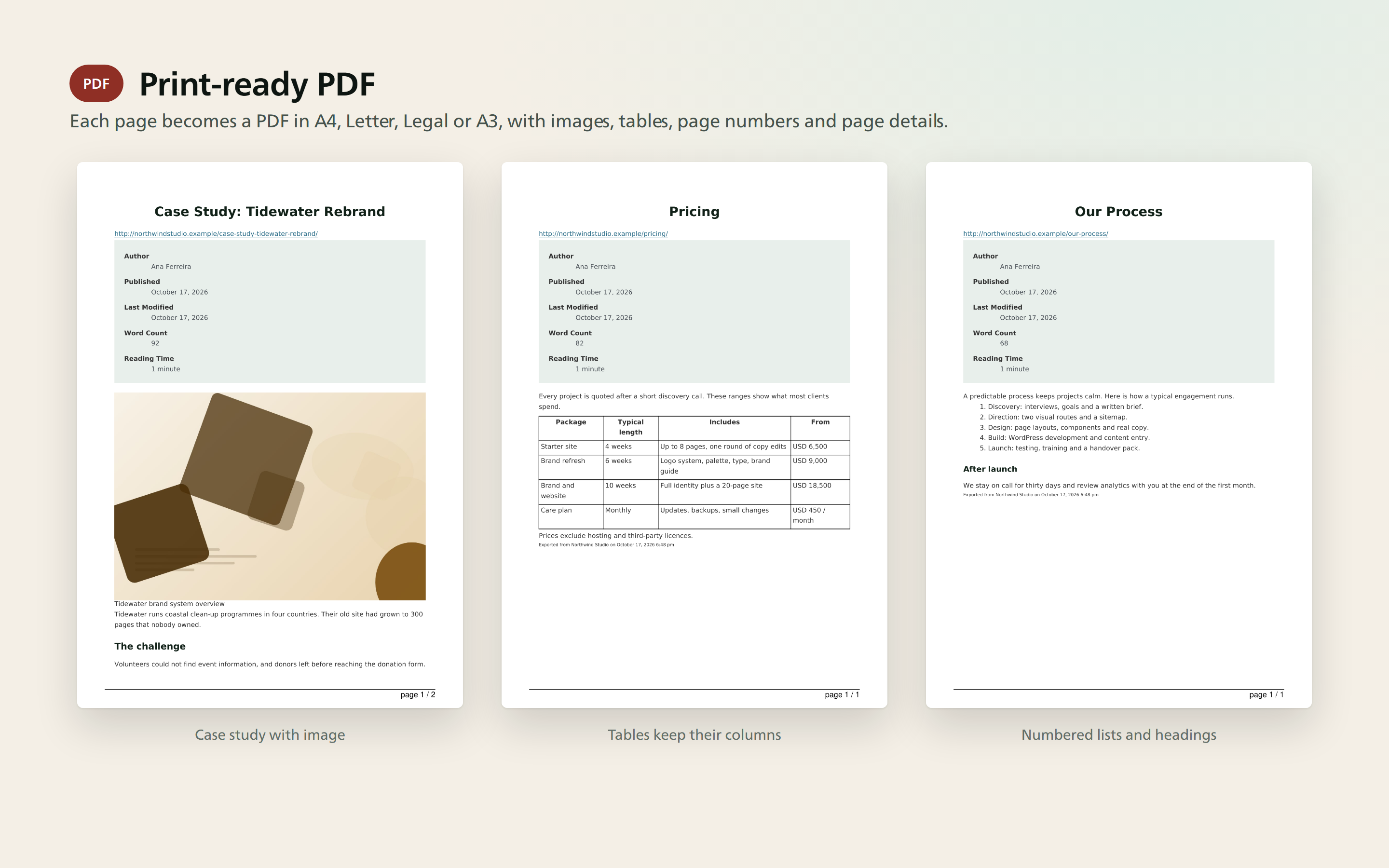 PDF output with images, tables, and lists.