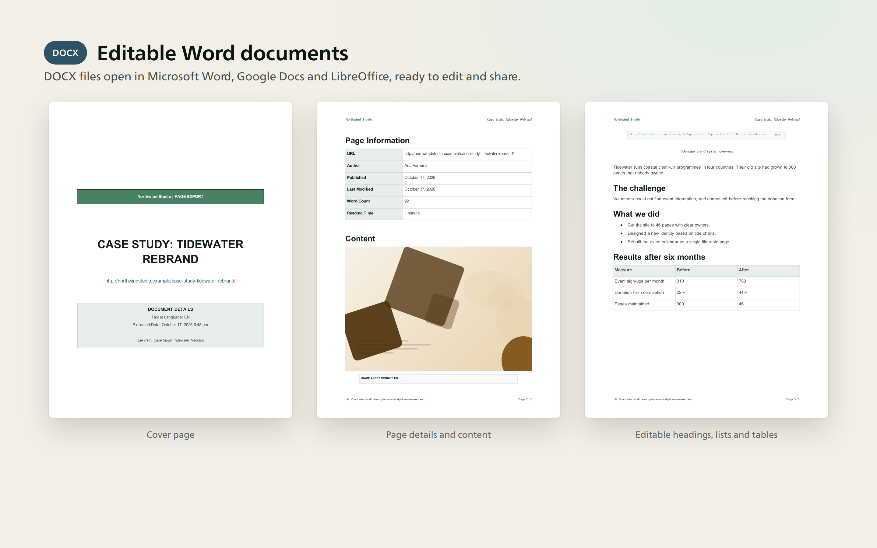 Word output with a cover page, page details, and editable content.