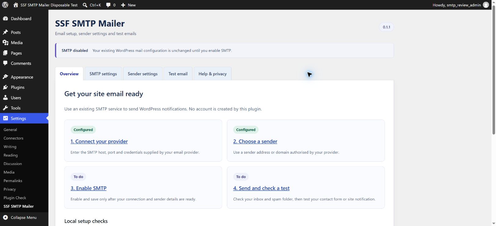 Guided overview with setup steps and local configuration checks.