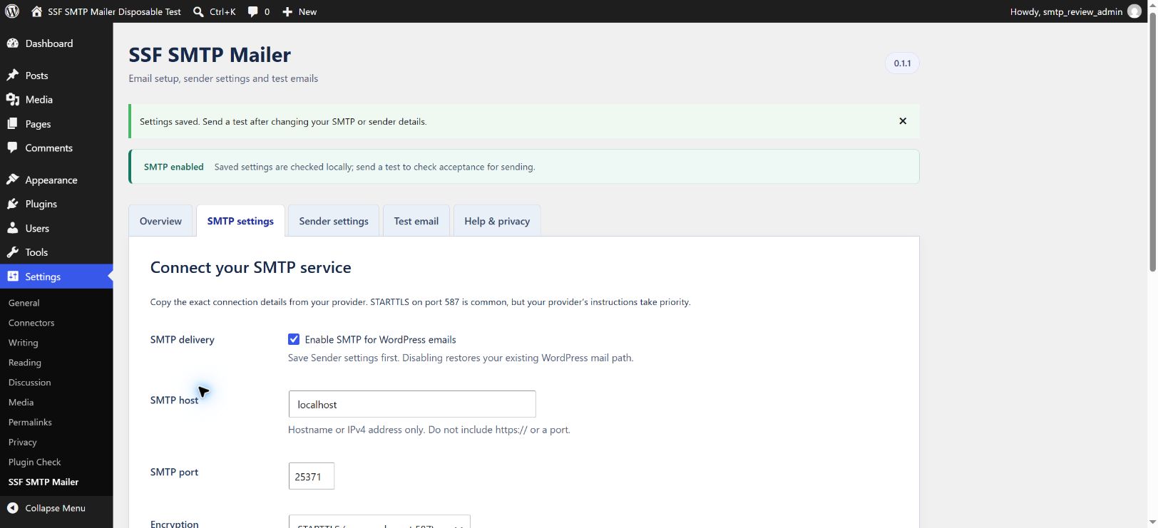 SMTP connection settings with encrypted password storage and explicit activation.
