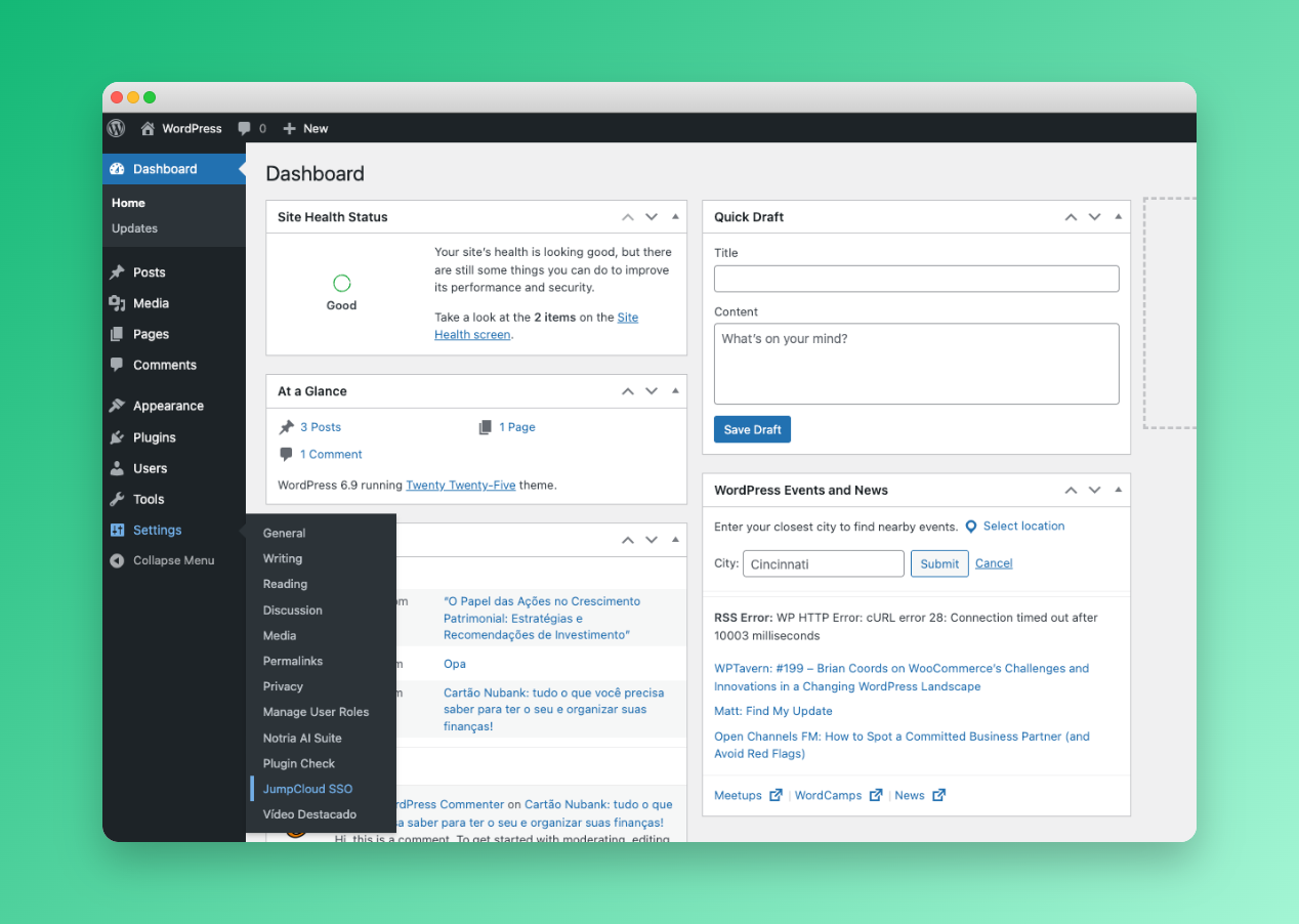 Settings page showing fields for Entity ID, SSO URL, SLO URL, and Certificate.