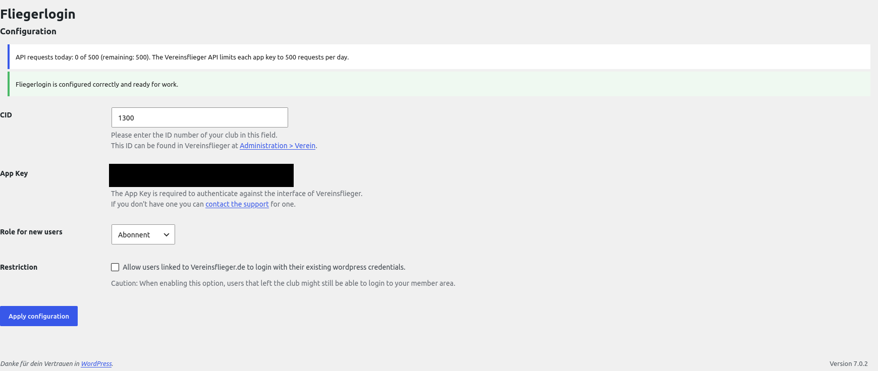 The configuration page: enter your club's CID and the app key you requested from Vereinsflieger support, pick the role new members receive, and see how much of today's API quota is left.