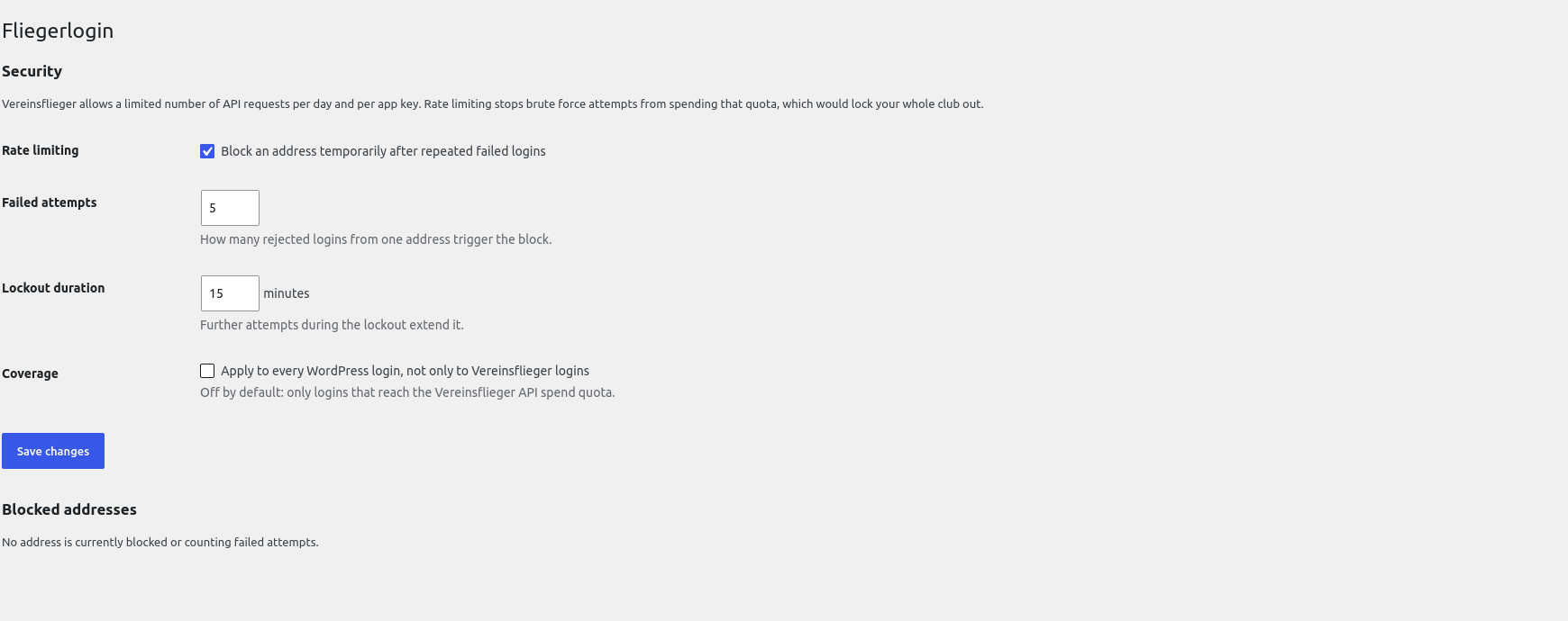 The security page: decide how many rejected logins from one address trigger a block, how long it lasts, and whether it covers every WordPress login. Blocked addresses are listed here and can be released again.