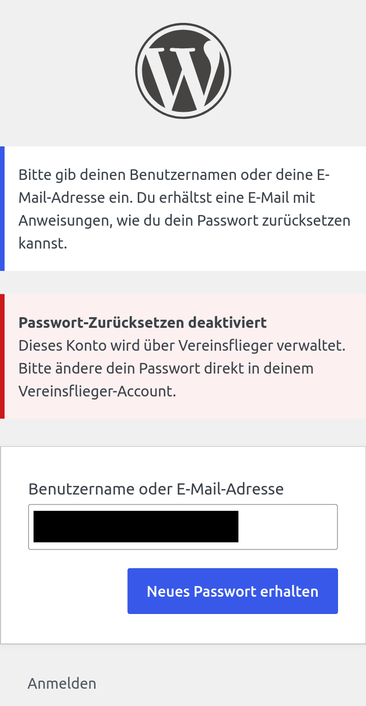 Password resets are turned off for accounts managed via Vereinsflieger, so a member cannot lock themselves out by changing a password WordPress does not own.