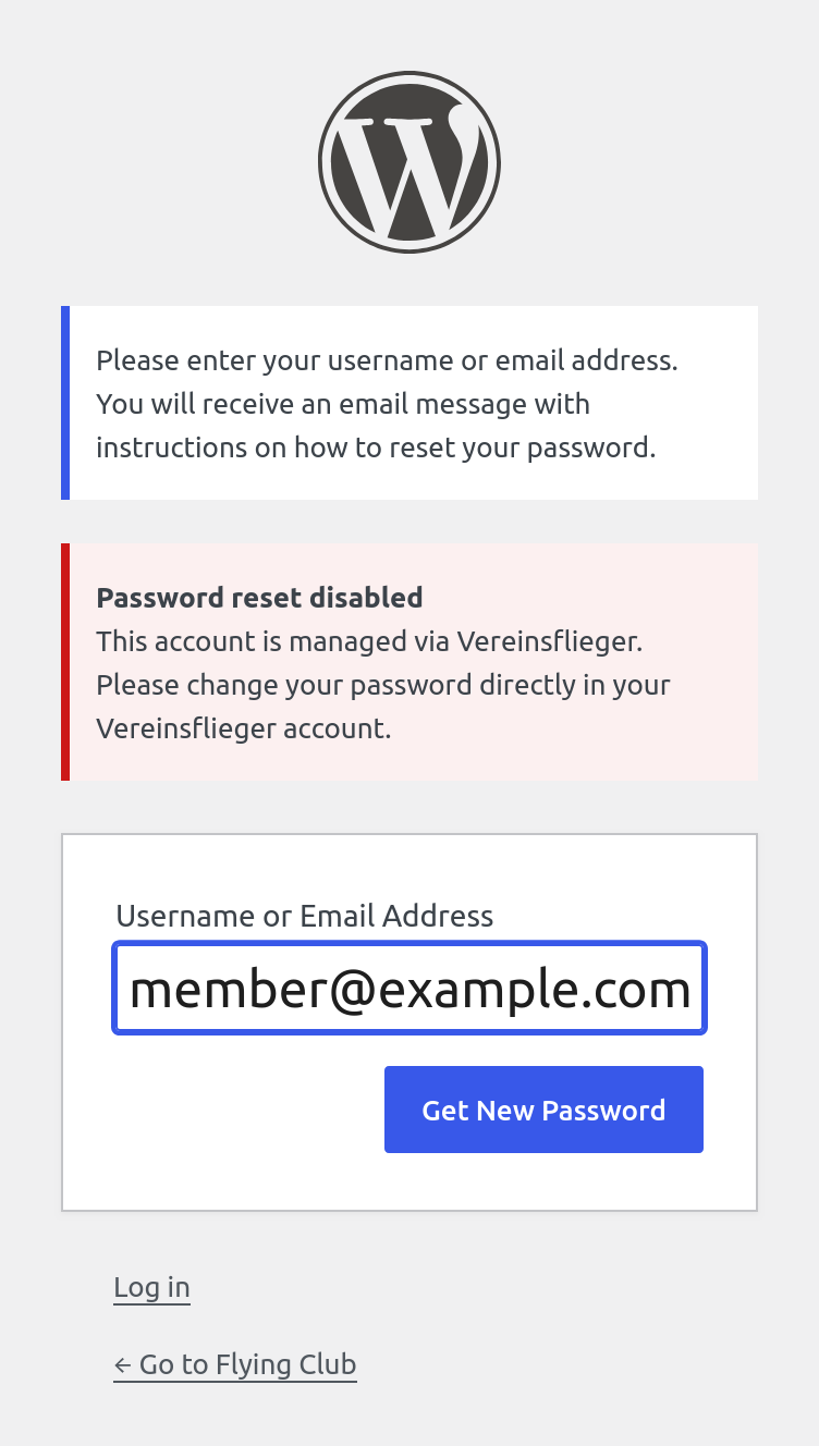 Password resets are turned off for accounts managed via Vereinsflieger, so a member cannot lock themselves out by changing a password WordPress does not own.