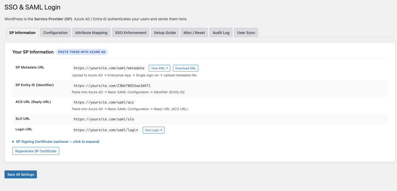 SP Information tab with Entity ID, ACS URL, and metadata/certificate data.