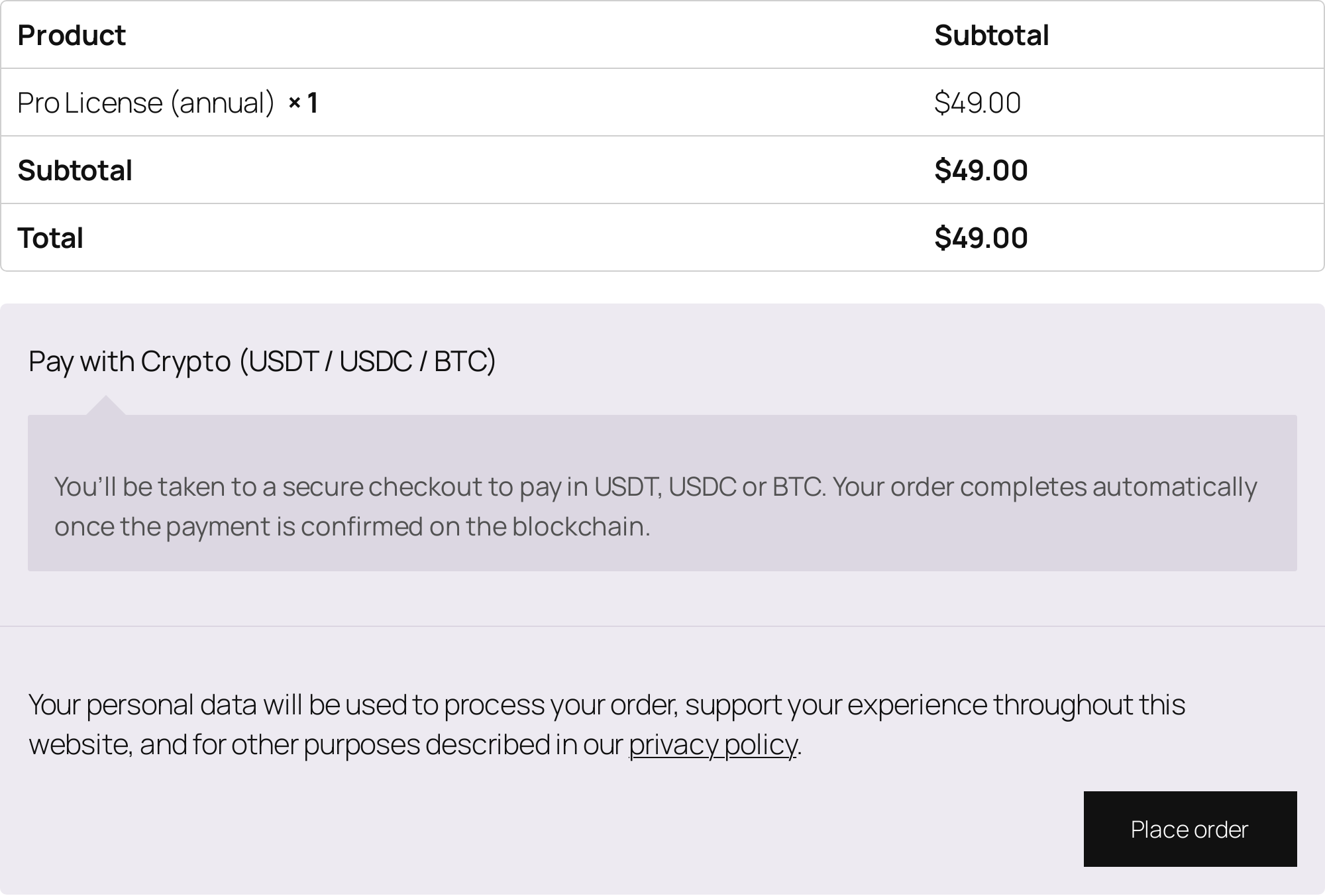 The "Pay with Crypto (USDT / USDC / BTC)" option at WooCommerce checkout.